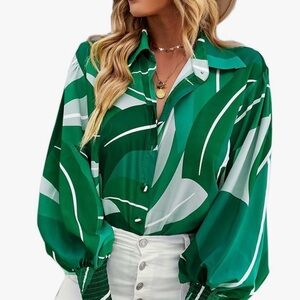 Green Abstract Print Button-Down Blouse with Balloon Sleeves